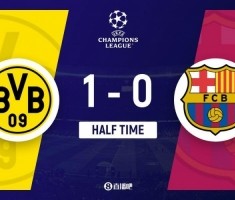 半场-多特1-0总比分1-4巴萨 什琴斯尼送点吉拉西点射巴萨0射正